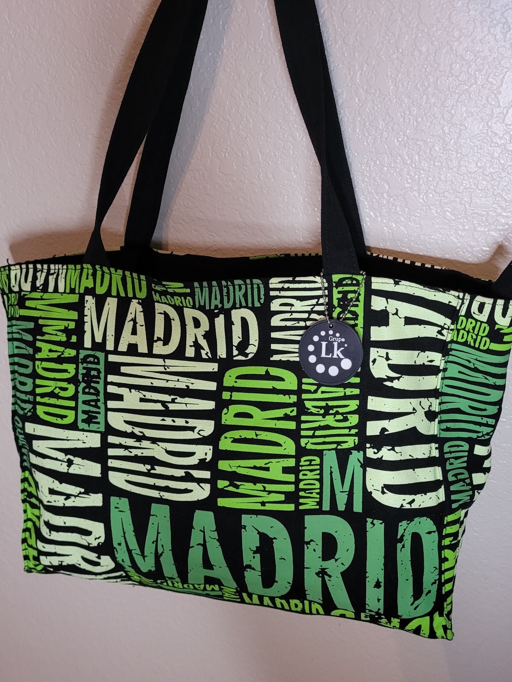Madrid Print Green Tote Bag with Black Straps